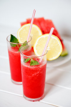 Tasty and refreshing watermelon juice with lemon and mint