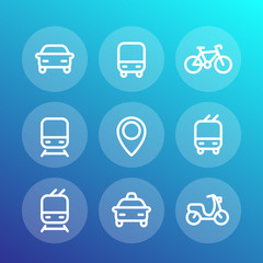 City and public transport icons set, route, bus, subway, taxi, train, railroad