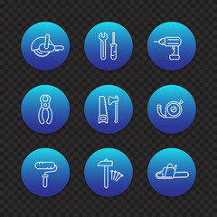 construction tools line icons, wrench, chainsaw, drill, saw, spanner, hammer, screwdriver