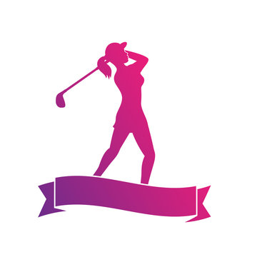 Female Golf Player, Silhouette Of Golfer Swinging Golf Club On White, Vector Illustration