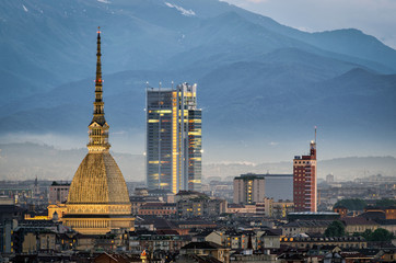 Torino panorama with close-up on the Mole Antonelliana - obrazy, fototapety, plakaty