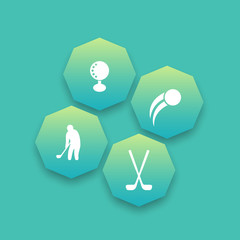 Golf, golfer, clubs, ball, green octagon icons