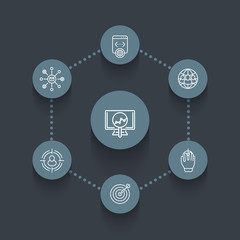 seo line icons, search engine optimization, internet marketing, web page indexing, seo tools, vector illustration