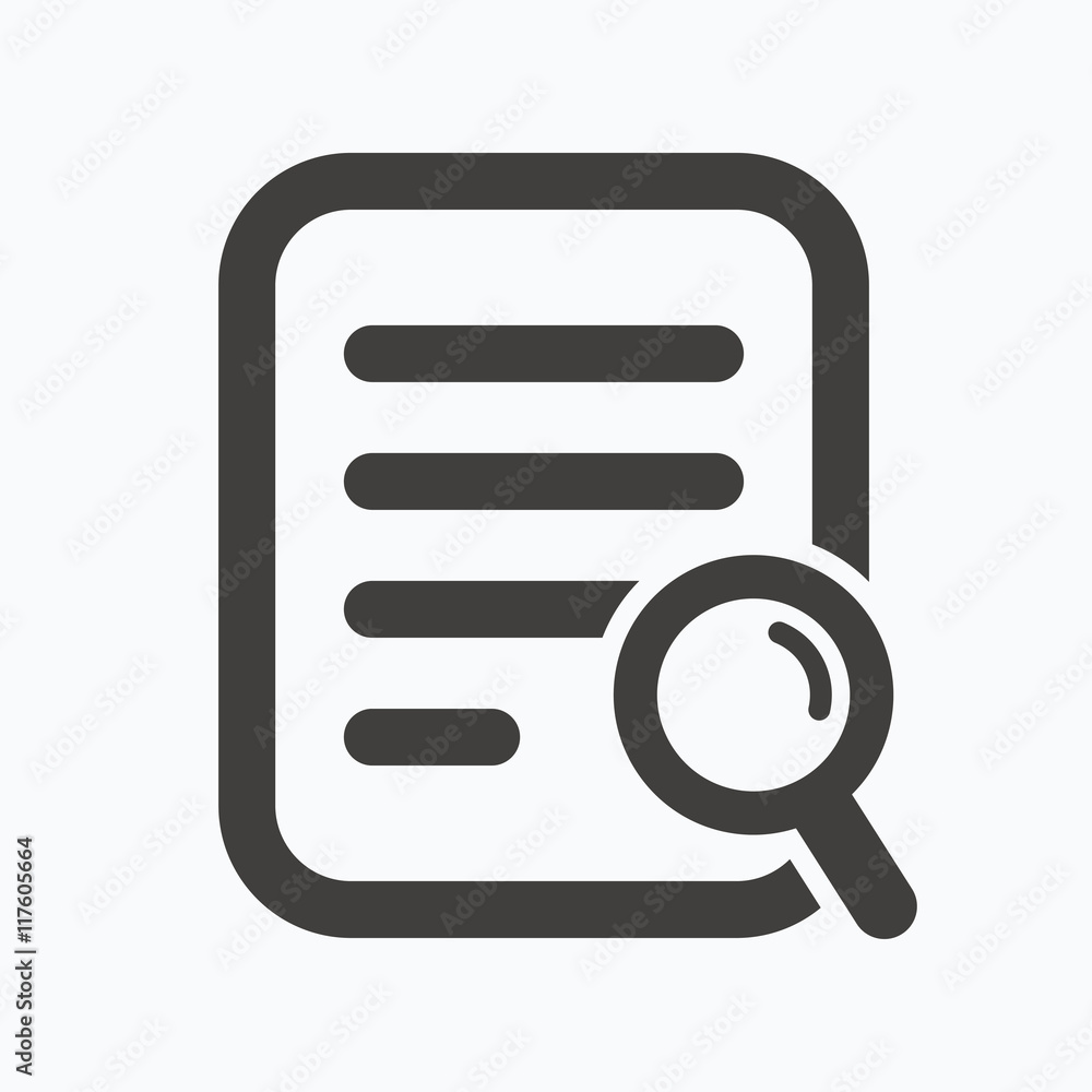 Poster file search icon. document page with magnifier.