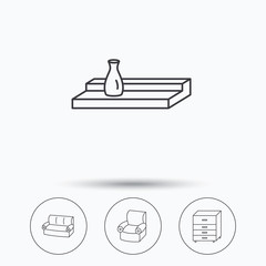 Sofa, wall shelf and armchair icons.
