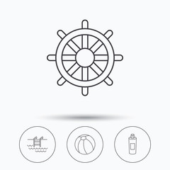 Shampoo, swimming pool and ball icons.