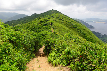 Green Tropical mountains and hiking route on the Dragon's Back trail near Hong Kong with clouds