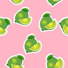 Pattern. lime and leavesand slices same sizes on pink background.