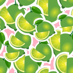 Pattern. lime and leaves different sizes on pink background.