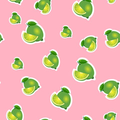 Pattern. small lime and leaves different sizes on pink background.