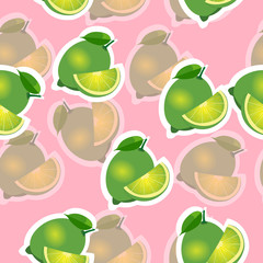 Pattern. lime and leaves and slises same sizes on pink background. Transparency lime.