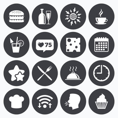 Food, drink icons. Coffee and hamburger signs.