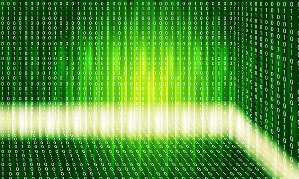 Green abstract background with lights; lines and binary code
