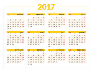 Calendar for 2017 year on white background. Vector design print template. Week starts Monday. Stationery design