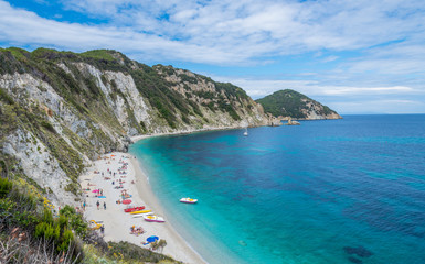 Fototapeta premium Aerial view over Sansone beach on Elba island, Italy, in summer season
