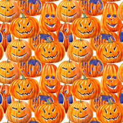 seamless pattern with pumpkin lanterns.watercolor hand drawn illustration.white background.