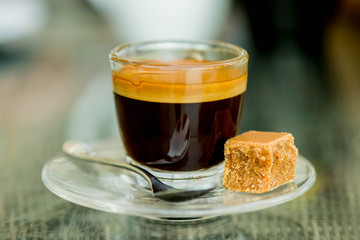 Cup of Strong Single Shot Espresso Coffee in a Glass Cup 