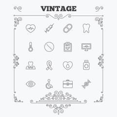 Medicine icons. Syringe, heartbeat and pills.