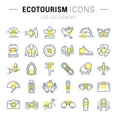 Fototapeta premium Set Vector Flat Line Icons Ecotourism