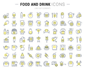 Fototapeta na wymiar Set Vector Flat Line Icons Drinks and Food