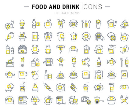 Set Vector Flat Line Icons Drinks and Food