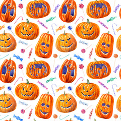 seamless pattern with pumpkin lanterns, lollipop and candy .watercolor hand drawn illustration.white background.