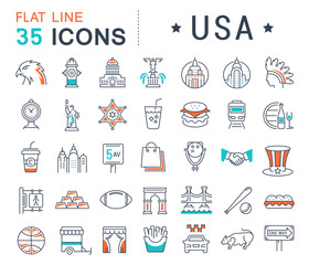 Set Vector Flat Line Icons USA and America