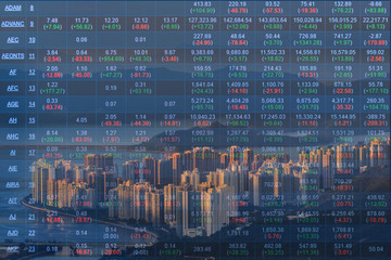 Double exposure of stocks market chart in blue on LED display concept with city scape hong kong background