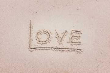 Handwritten Word Love On Sand Of Beach with vintage style,background and texture