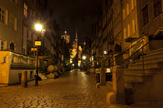 Night on the streets of medieval city of Gdansk, Poland 