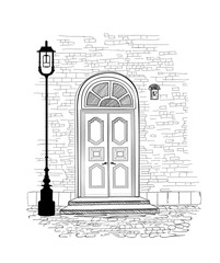 Old doors in vintage style over white background. House entrance hand drawing illustration. Doodle cozy street alleyway wallpaper design. Doorway  background.