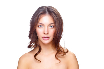 Fototapeta premium Portrait of beautiful young woman face. Isolated on white background.