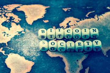 BITCOIN SOCIETY on grunge world map