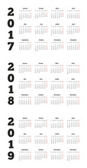 Set of simple calendars in french on 2017, 2018, 2019 years