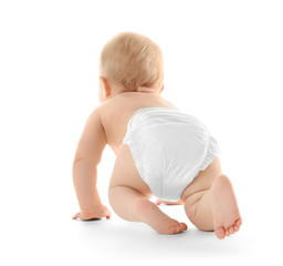 Baby crawling on white background