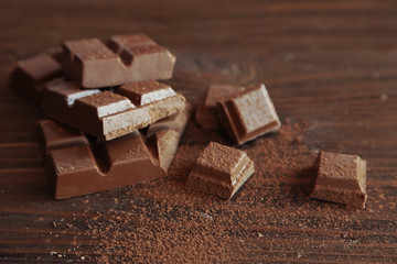 Chocolate pieces covered with cocoa powder on wooden background