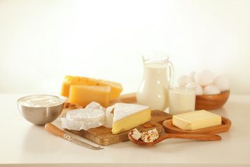 Dairy products on kitchen table
