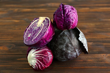Red cabbage on wooden background