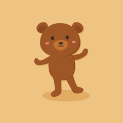 Vector illustration of cute grizzly bear cartoon character standing in brown background. 