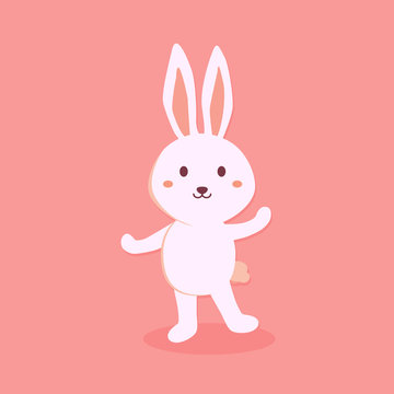 Vector illustration of cute white rabbit cartoon character standing in pink background. 