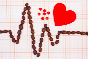 Cardiogram line of coffee grains, red heart and supplement pills, medicine and healthcare concept
