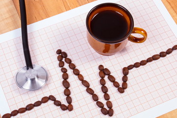 Cardiogram line of coffee grains, cup of coffee and stethoscope, medicine and healthcare concept
