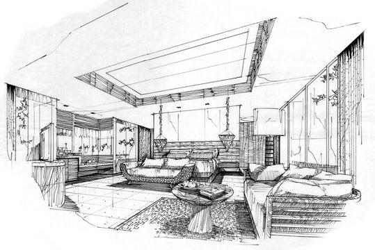 sketch stripes bedroom, black and white interior design.