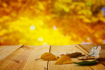 Autumn background with dry leaves on wooden table