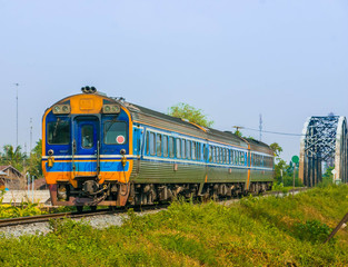 Naklejka premium Diesel railcar set was passing through steel bridge, 2016.