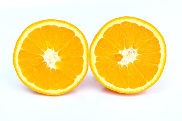 Two half sliced orange on white background
