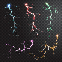 Thunderstorm realistic elements with colored flashes of lightnings sparks on black half transparent background isolated vector illustration