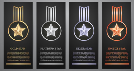 Set of  black banners, Gold , Platinum ,Silver and Bronze stars, Vector illustration. - obrazy, fototapety, plakaty