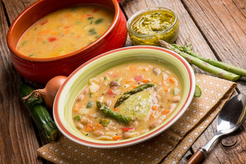 soup vegetable with asparagus and pesto sauce