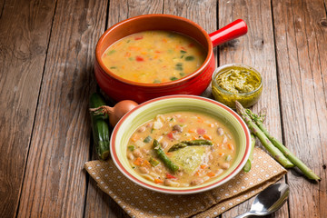 soup vegetable with asparagus and pesto sauce